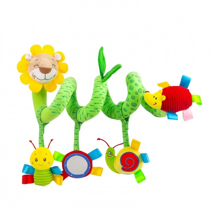 Jucarie spirala pentru carucior si patut AONYIYI®, sunet, include 3 pandantive de plus, oglinda de siguranta, jucarii senzoriale, plus de cristal, model leu, pentru fete si baieti, 0+, verde