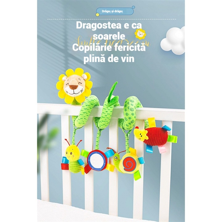 Jucarie spirala pentru carucior si patut AONYIYI®, sunet, include 3 pandantive de plus, oglinda de siguranta, jucarii senzoriale, plus de cristal, model leu, pentru fete si baieti, 0+, verde