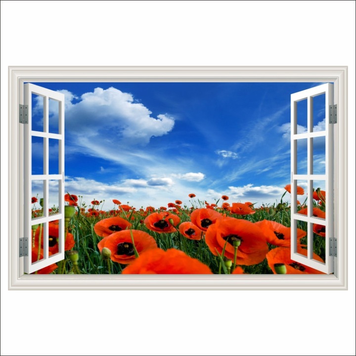 Fototapet de perete autoadeziv si lavabil Fereastra Maci pe camp, vara, 180 x 120 cm