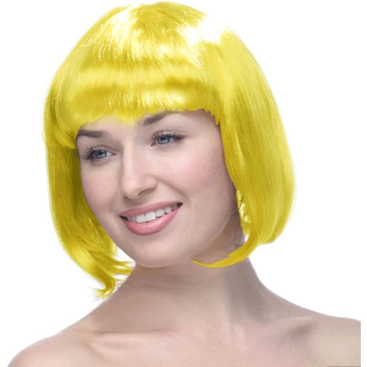 Peruca Cosplay, Flippy, Tunsoare Bob cu Breton, pentru Carnaval, Halloween, Petreceri Tematice, din PET, Marime Universala, Galben