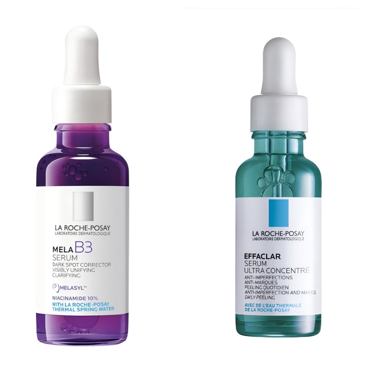 2 db La RochePosay Mela B3 intenzív koncentrált szérum a pigmentfoltok korrigálására, Effaclar Ultra koncentrált szérum felnőtt pattanásos bőrre, 30ml