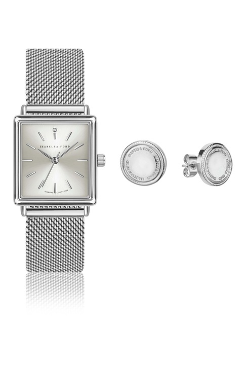 Isabella Ford, Set de ceas de otel inoxiabil cu model plasa si diamant, si cercei cu tija, Argintiu