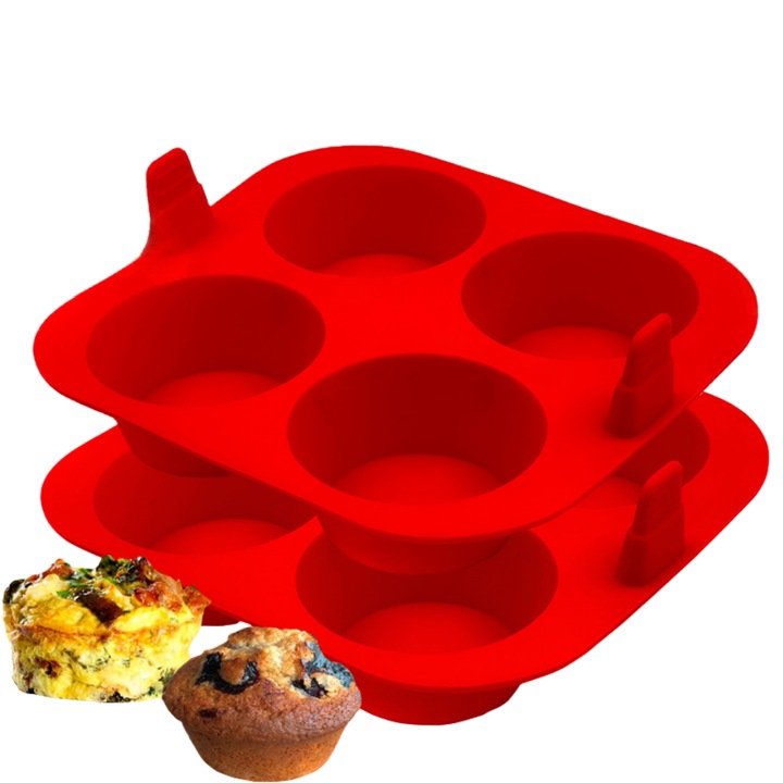 Set 2 forme biscuiti, Silicon, ideale pentru briose, prajituri, oua, proiecte DIY, ceara, lumanari, sapun, Desprindere usoara, Usor de curatat, Reutilizabile, Potrivite pentru cuptor, cuptor cu microunde, 18x16.5x6cm, Rosu