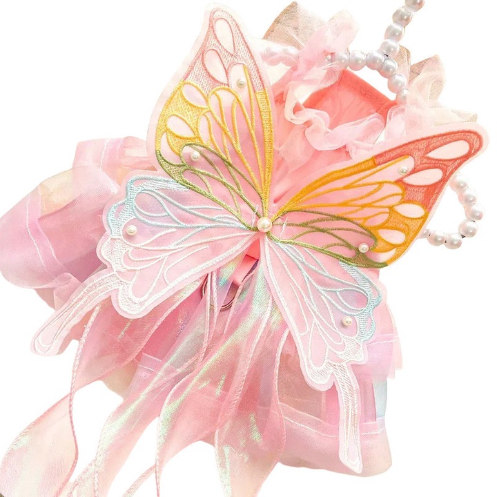 Rochie pentru animale de companie, design fluture, tulle pufos, roz, marimea S, circumferinta pieptului 35cm, pentru pisici si caini mici