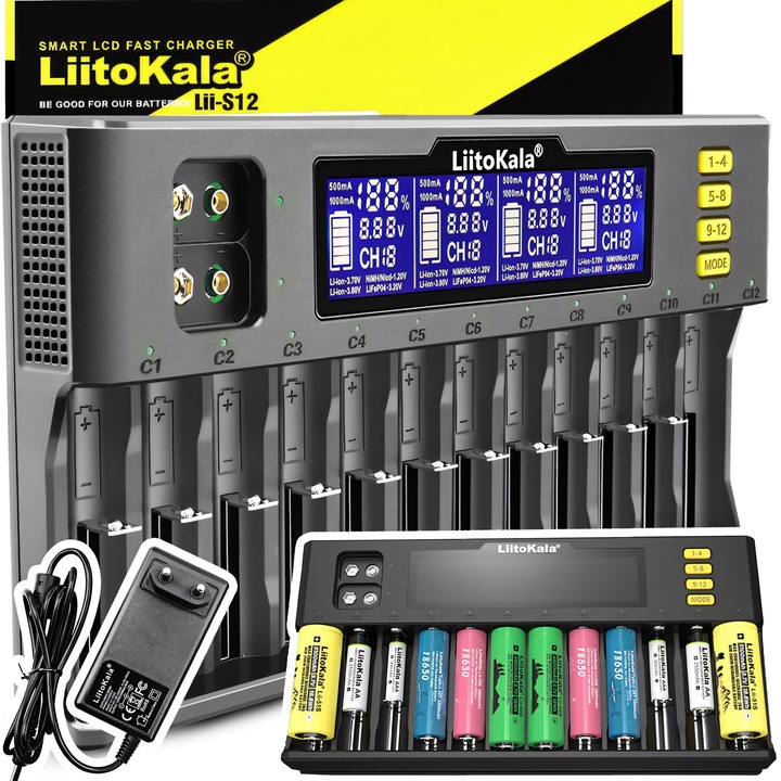 Incarcator Universal pentru Baterii & Acumulatori Retoo HomeSmart, 12 Sloturi, Compatibil cu Li-Ion, IMR, LiFePO4, Ni-MH, NiCd, 9V, PP3, A, AA, AAA, SC, 10440, 14500, 16340, 17500, 17670, 18350, 18490, 18650, 20700, 21700, 26650