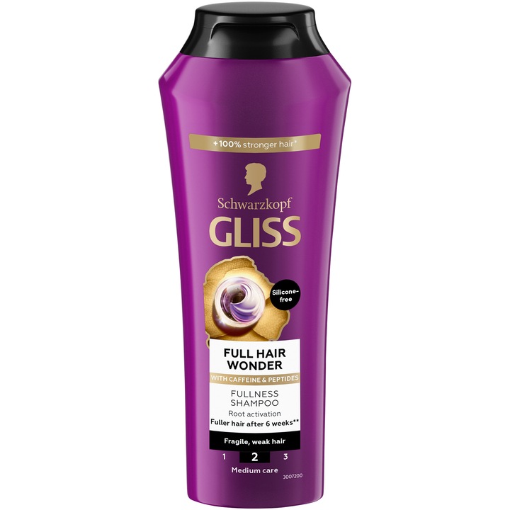 Sampon Schwarzkopf Gliss Full Hair Wonder, pentru parul fragil si slabit, cu cafeina și peptide, formula vegana, 250 ml