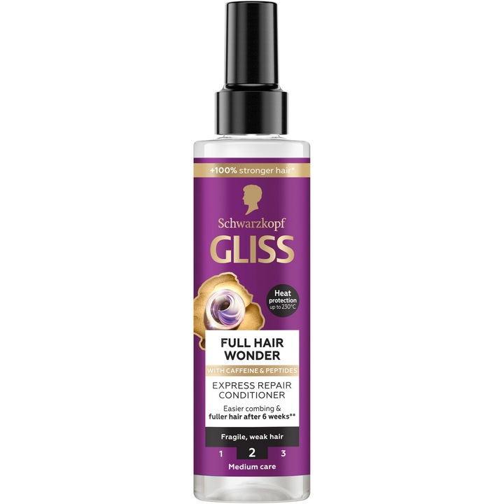 Експресен балсам за коса Schwarzkopf Gliss Express Repair Full Hair Wonder, Спрей-балсам за крехка и изтъняла коса, С кофеин и пептиди, Веган формула, 200 мл