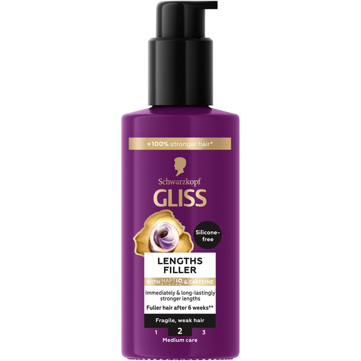 Tratament de par filler Schwarzkopf Gliss Full Hair Wonder Lengths, pentru lungimile parului fragil și slabit cu sistem HAPTIQ și cafeina, formula vegana,100ml