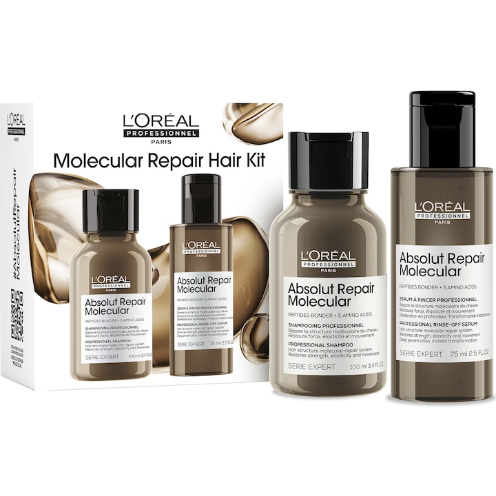 Set Travel Size Duo L'Oréal Professionnel Serie Expert Absolut Repair Molecular, pentru par deteriorat, formulat cu legaturi peptidice si 5 aminoacizi, repara structura macromoleculara a parului, Sampon 100ml + Serum 75ml