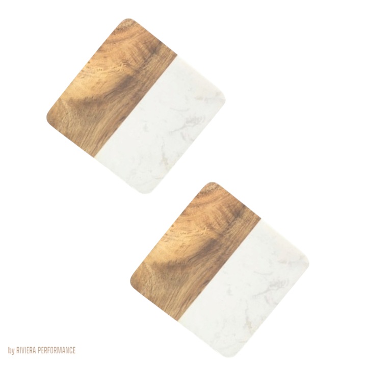 Комплект от 2 мраморни/дървени поставки, 10x10 см, за бутилки и чаши, бежови, премиум покритие