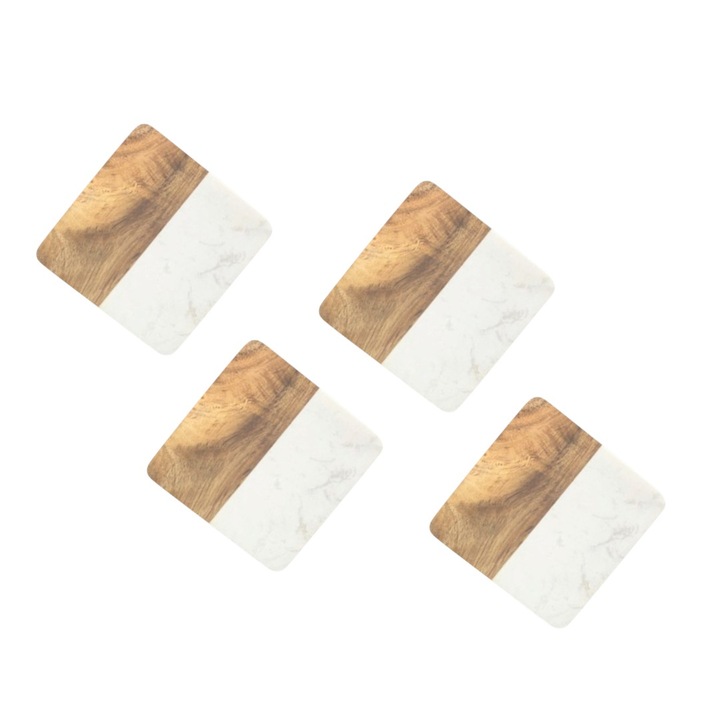 Set 4 suporti marmura/lemn, 10x10 cm, pentru sticle si pahare, bej, finisaj premium