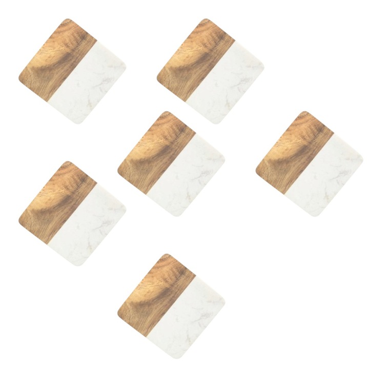 Set 6 suporti marmura/lemn, 10x10 cm, pentru sticle si pahare, bej, finisaj premium
