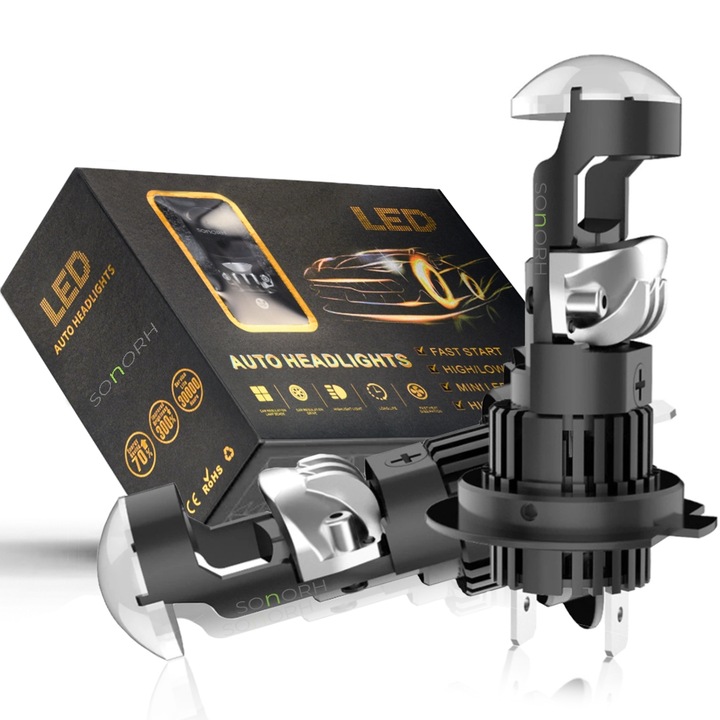 Комплект от 2 LED крушки H7 обектив с лупа, 120W, 6000K, 20000LM, Canbus Plug&Play, 1:1, вентилатор и меден охлаждащ прът, 30000 часа, IP68, SONORH®