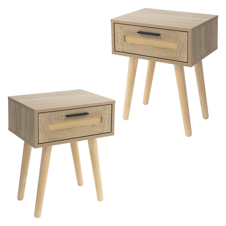 Комплект от 2 x нощни шкафчета с 1 чекмедже ML-Design, MDF, естествен, 40 x 50, 5 x 30 cm, крака от масивно дърво, масичка за кафе, място за съхранение, елегантен дизайн