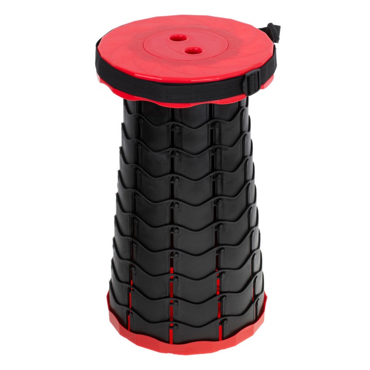 Scaun rotund retractabil, VarioShop®, extensibil, pliabil, portabil, ideal pentru activitati in aer liber, 45 x 25 cm, Negru/Rosu