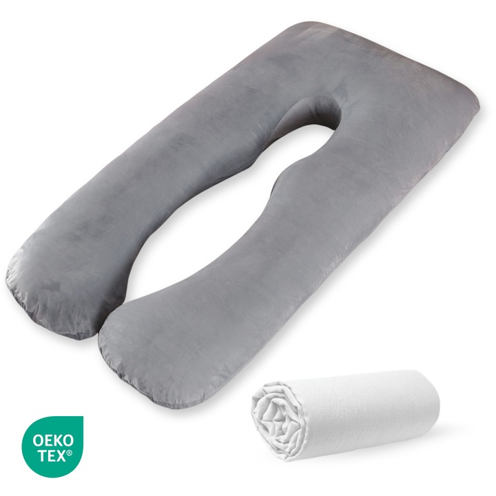 Възглавница за бременност и кърмене, OPERCEBABYⓇ, Подпора за цялото тяло, Многофункционална, U-образна, 2 свалящи се калъфа от памук и кадифе, Пълнеж от PP памук - полипропиленови влакна, Може да се пере, 155 x 80 x 20 см, Бяла/Сива