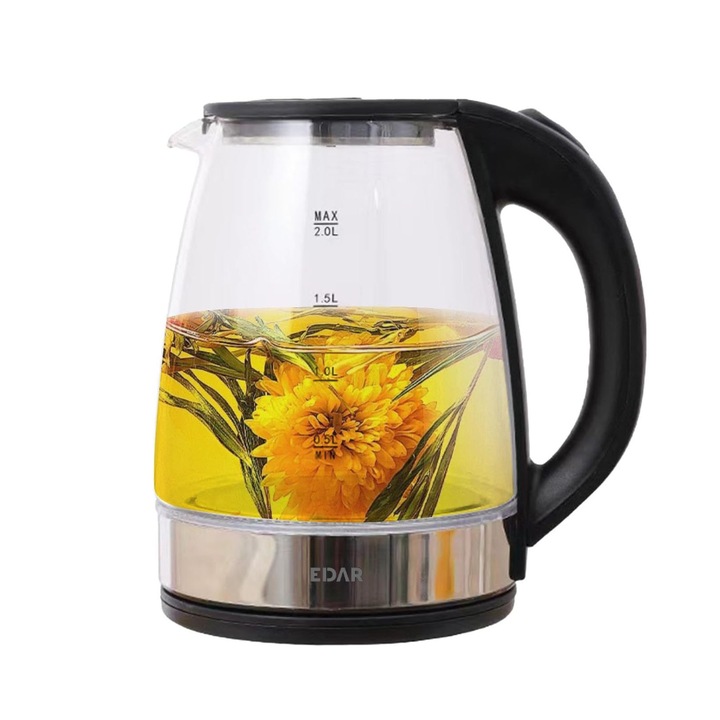 Incalzitor De Apa EDAR Portabil, 1500W, 2L, Pentru Ceai Si Cafea, Oprire Automata Dupa Fierbere, Protectie Impotriva Functionarii Fara Apa, Lumina De Fundal Albastra, Sticla Termorezistenta, Plastic Si otel Inoxidabil, Argintiu/Negru