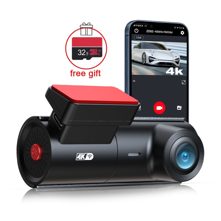 Camera auto DVR ZD03, 4K, 170°, Soybean, Negru, fara ecran, suport Wi-Fi, inregistrare in bucla, monitorizare parcare, senzor G