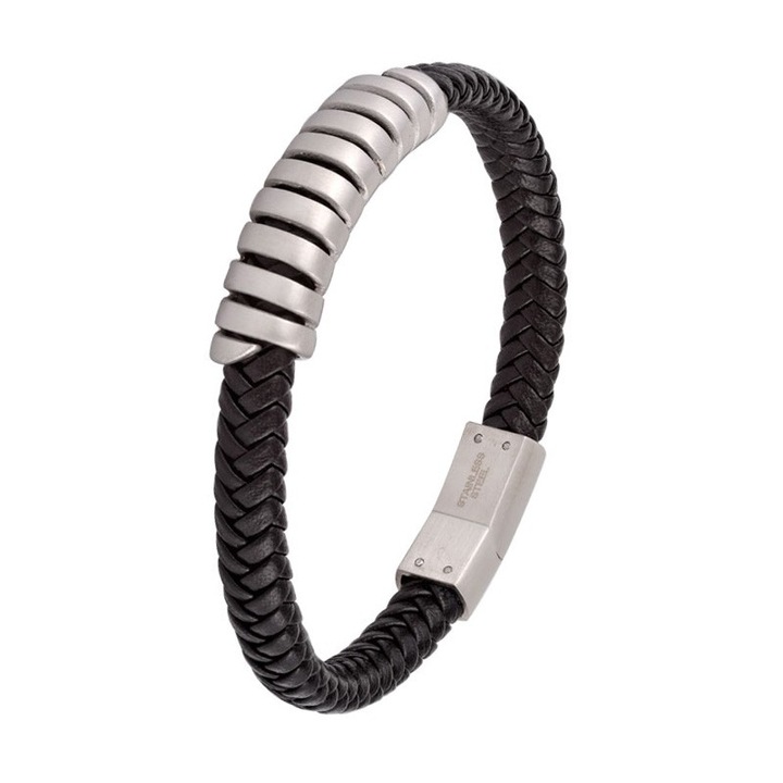 Bratara barbati, inox si piele naturala, design spiralat, negru