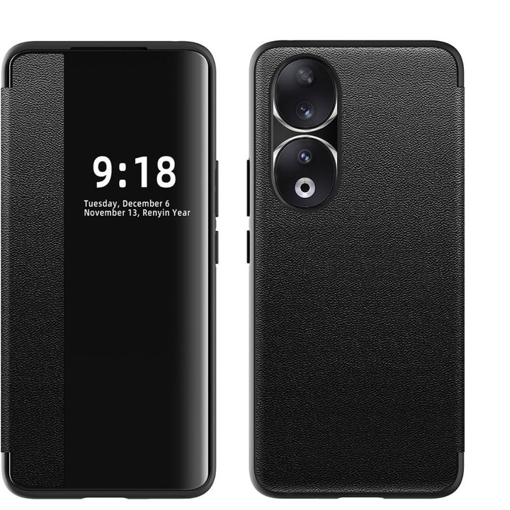 Корица за книга, G-Tech, Екологичен хибрид от кожа и поликарбонат, Съвместим с Motorola Edge 40 Neo, Smart View, Вътрешност от микрофибър, Черен