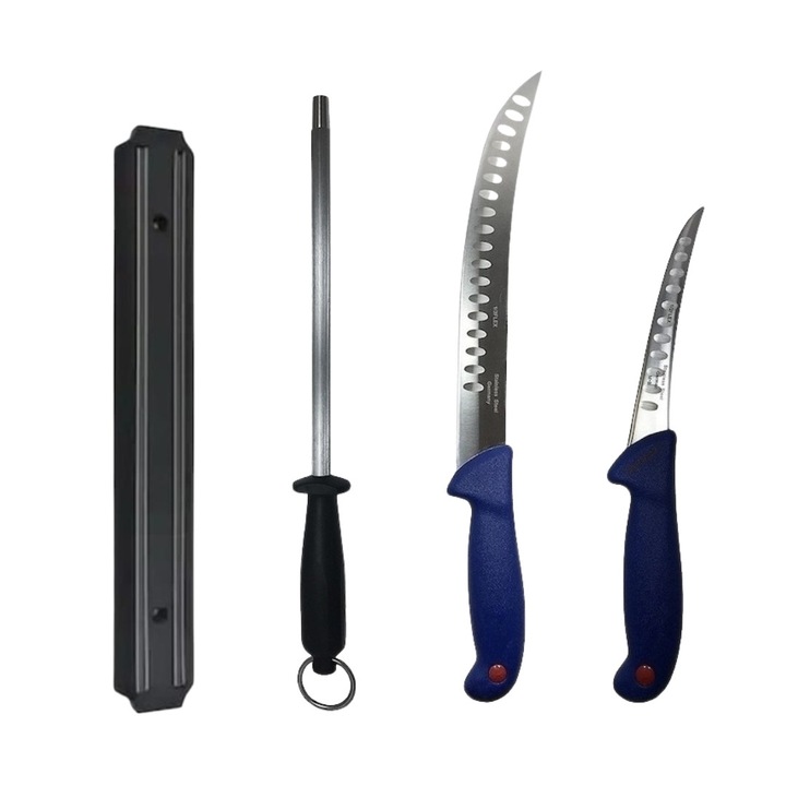 Set profesional de macelarie, fasonat, transat, degresat, dezosat, 2 cutite, suport magnetic, masat pentru ascutit, Dactylion®