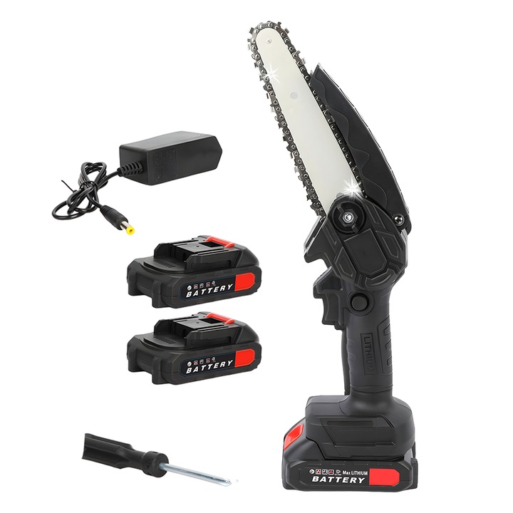 Мини електрически трион Teno®, 2 батерии 48 V, издръжлива стоманена верига, ергономична дръжка против приплъзване, бързо зареждане, лесна работа, аксесоари, преносим, червен/черен