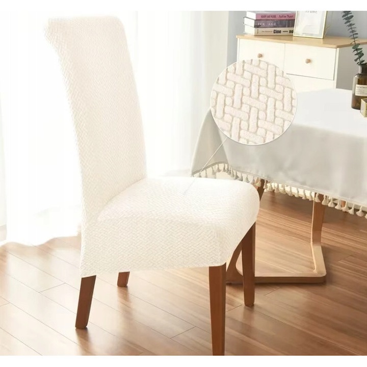 Husa Scaun, Ubieramy meble, Velur, Design Estetic, Elastica, Universala, Ideal Pentru Living, Dormitor, Bucatarie, Birou, Dimensiuni maxime ale spatarului 85 x 48 cm, Dimensiuni maxime ale sezutului 50 x 48 cm, Ecru