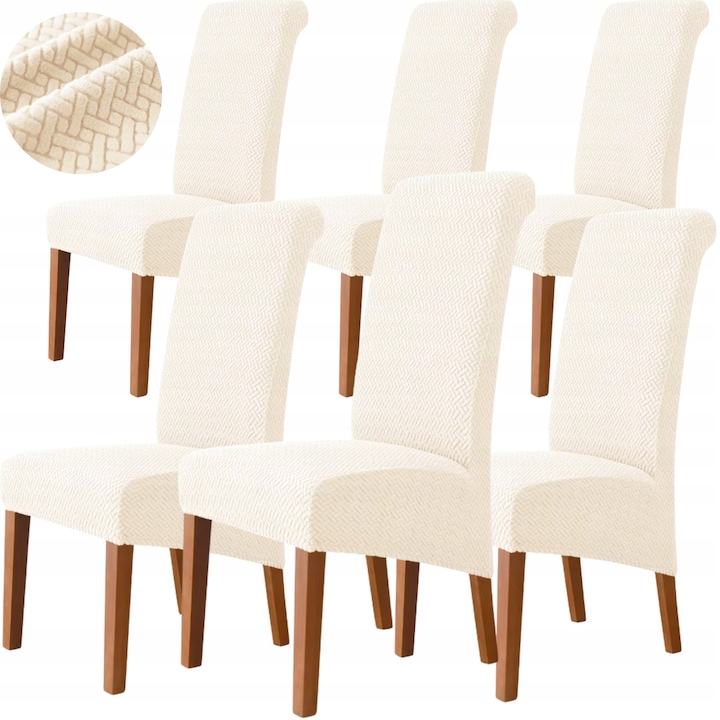 Set Huse 6 Scaun, Ubieramy meble, Jacquard cu model de frunze de bananier, Design Estetic, Elastica, Universala, Ideal Pentru Living, Dormitor, Birou, Dimensiuni maxime ale spatarului 85 x 48 cm, Dimensiuni maxime ale sezutului 50 x 48 cm, Ecru