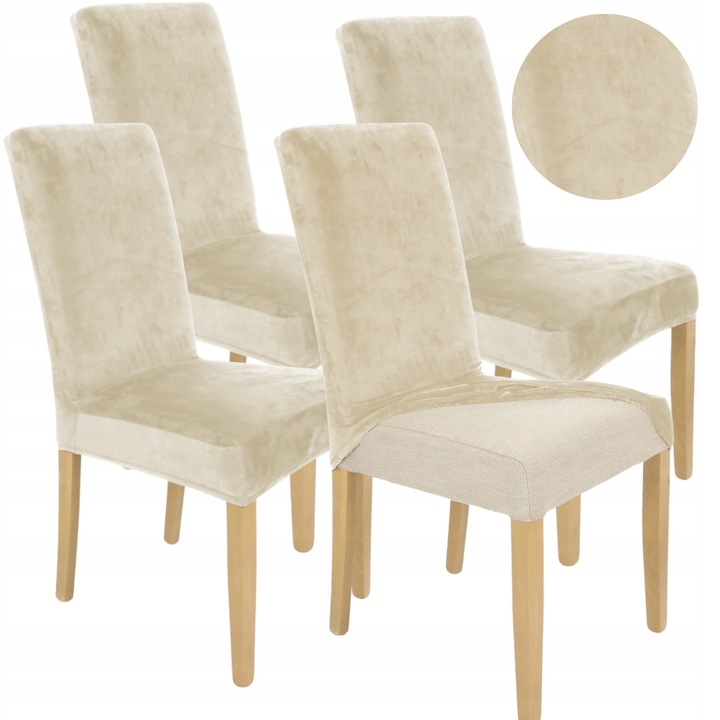 Комплект от 4 калъфа за столове, мебели Ubieramy, кадифе, естетичен дизайн, еластичен, универсален, идеален за всекидневна, спалня, кухня, офис, максимални размери на облегалката 58 x 45 cm, максимални размери на седалката 48 x 48 cm, бежов