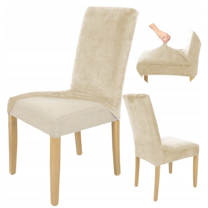 Калъф за стол, мебели Ubieramy, кадифе, естетичен дизайн, еластичен, универсален, идеален за всекидневна, спалня, кухня, офис, максимални размери на облегалката 58 x 45 см, максимални размери на седалката 48 х 48 см, бежов