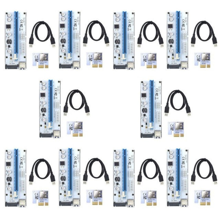 Set 10 Riser PCI-E 008S WHITE pentru Mining – 4 Condensatori FCON, Cablu USB 60 cm, Stabilitate Ridicata