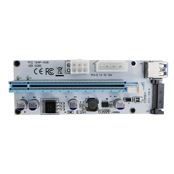 Riser PCI-E 008S USB3.0 1x-16x, 6PIN SATA, с 16X адаптер, USB кабел 60см, 122x45x11мм