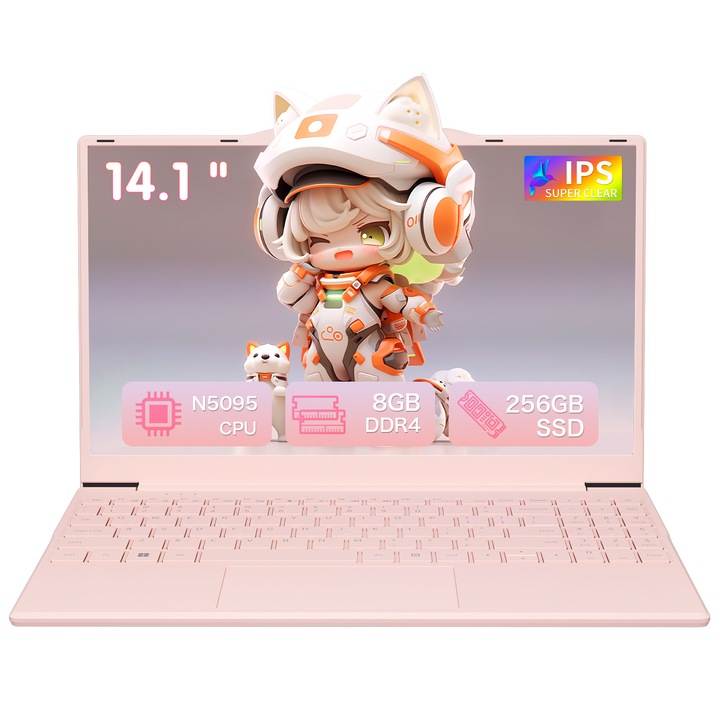 Auusda Laptop 14 inci 8GB RAM 256GB SSD 1TB Extinde Celeron N5095 (pana la 2.9Ghz), Laptop cu Mini Multimedia Port Ventilator IPS 1920 * 1200 FHD Afisaj, Win 11, Dual WiFi-Roza