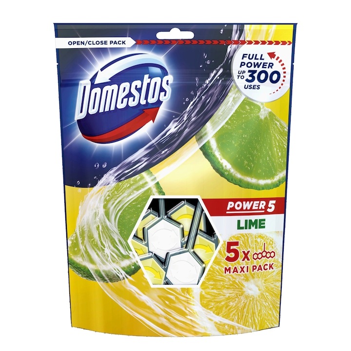 Bloc de racire Domestos Power 5 WC, 5 x 55 g, Pachet Lime