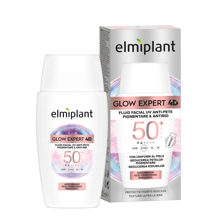 Fluid facial Elmiplant GLOW EXPERT 4D UV, anti pete pigmentare si antirid, cu SPF 50+, 50ml