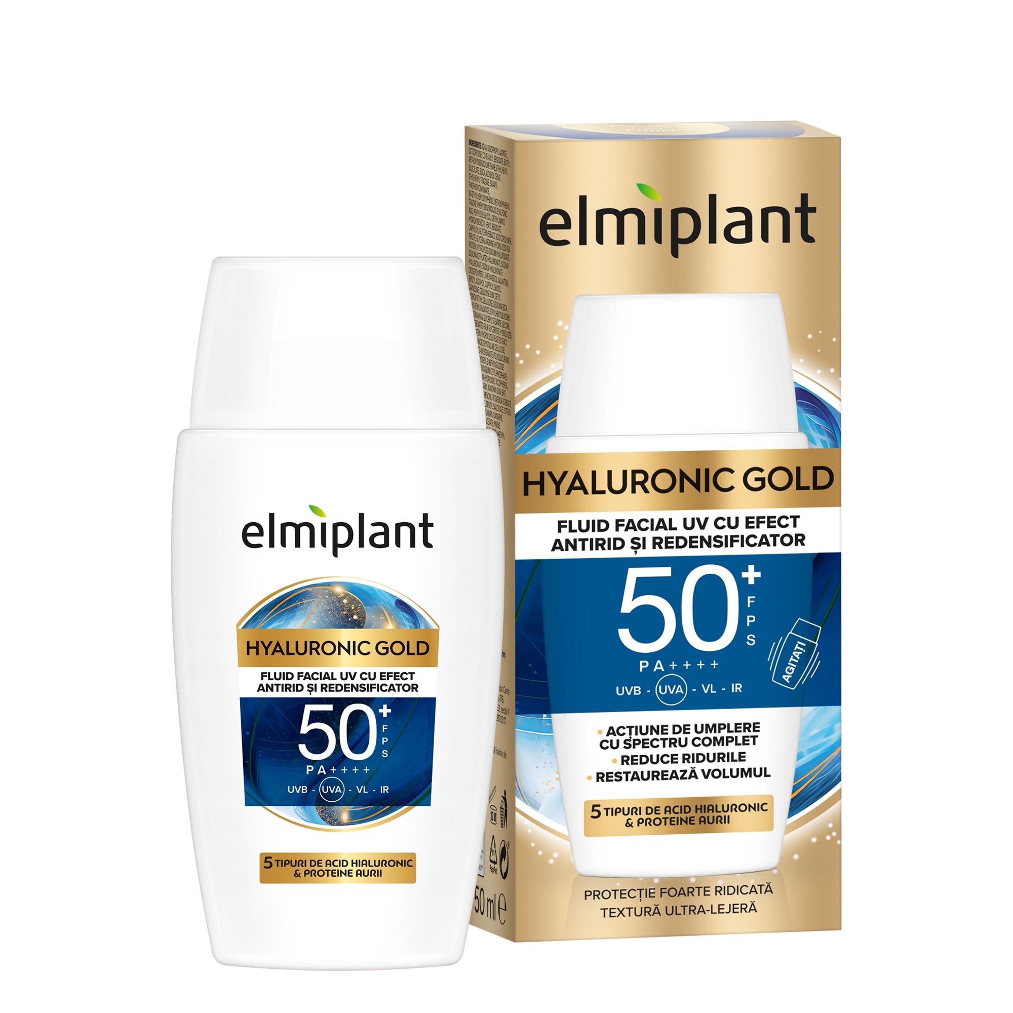 Fluid facial Elmiplant HYALURONIC GOLD UV cu efect antirid si redensificator, cu SPF 50+, 50ml