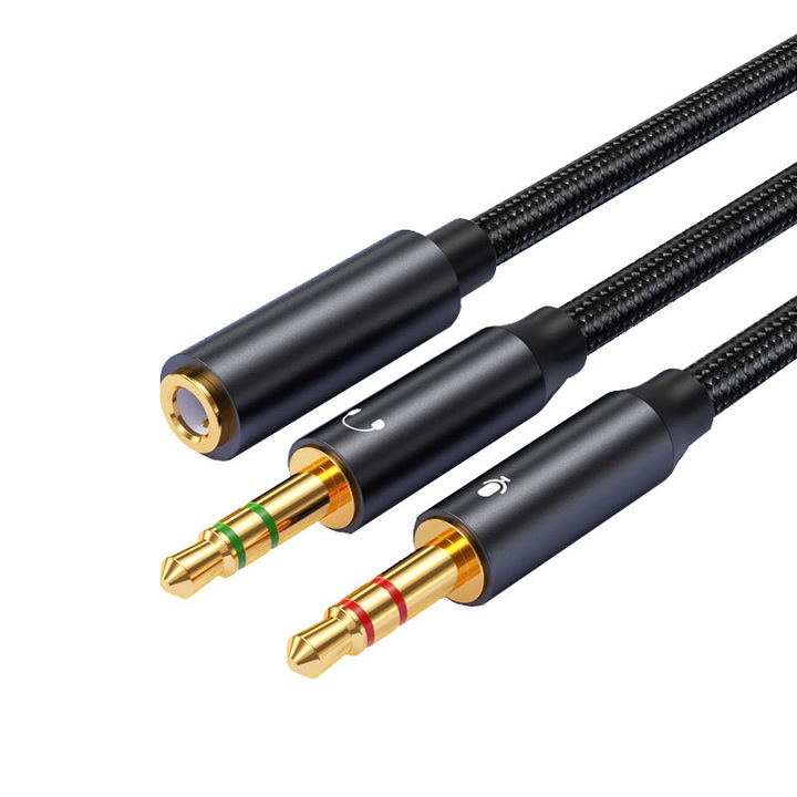 Splitter adaptor audio, Cablu splitter, Splitter pentru casti si microfon, jack 3.5mm mama - 2 porturi jack 3.5 mm tata, Stereo, 0.35m, Negru