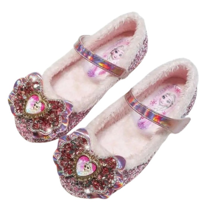 Елегантни обувки на ток за момичета с панделка Mixbo, брокат и камъни, пухкави отвътре, каишка с велкро, Розово