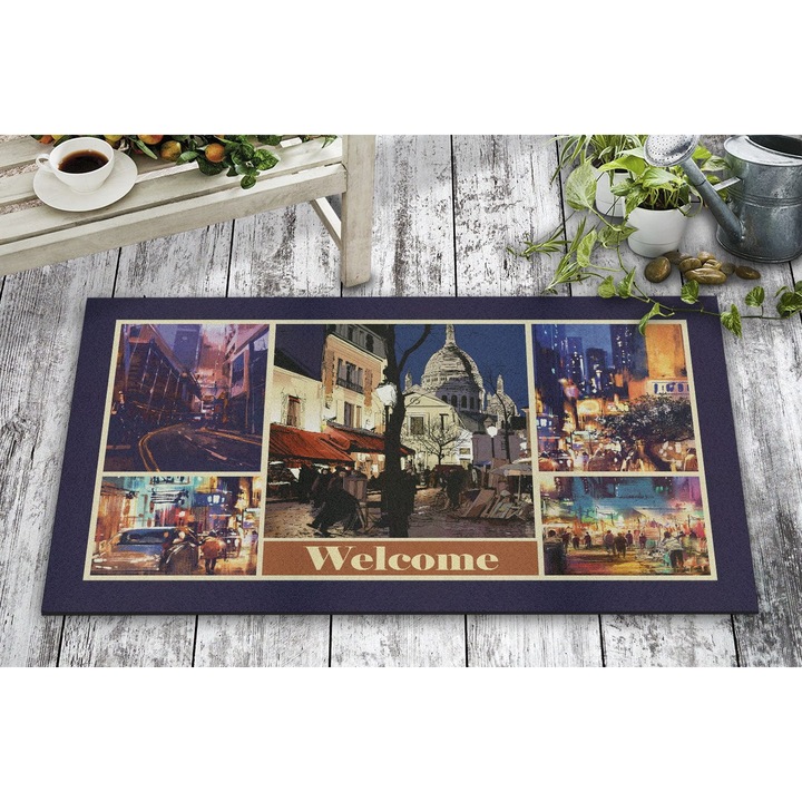 City Night bejárati szőnyeg, filc/PVC, téglalap alakú, 45x70 cm, többszínű