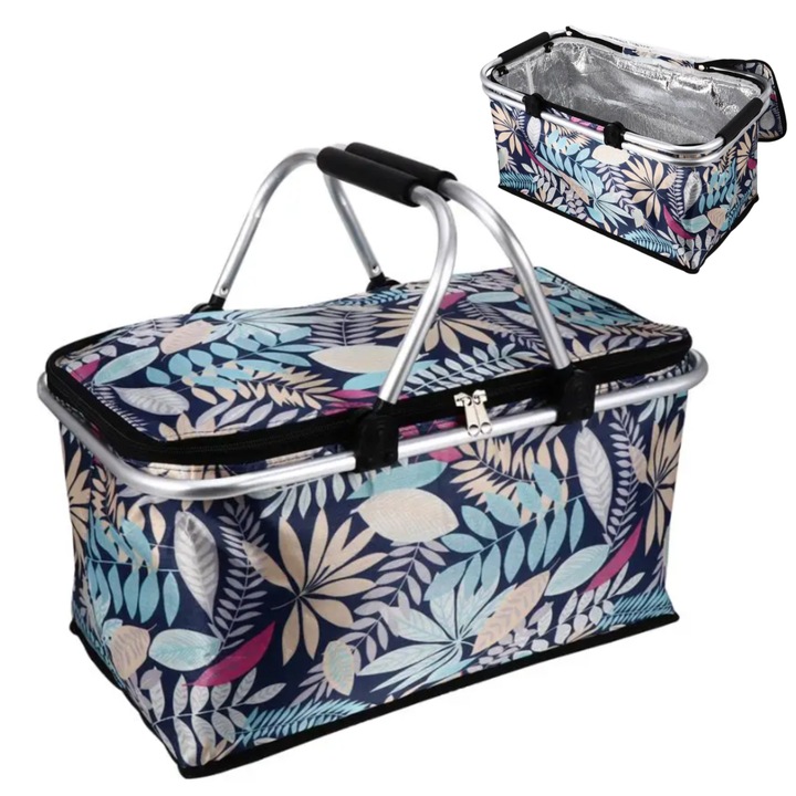 Cos De Picnic, Termoizolant, Multicolor, 47 Cm X 26 Cm, Capacitate 30L, Cu Manere Din Cauciuc, Ideal Pentru Excursii De Vara