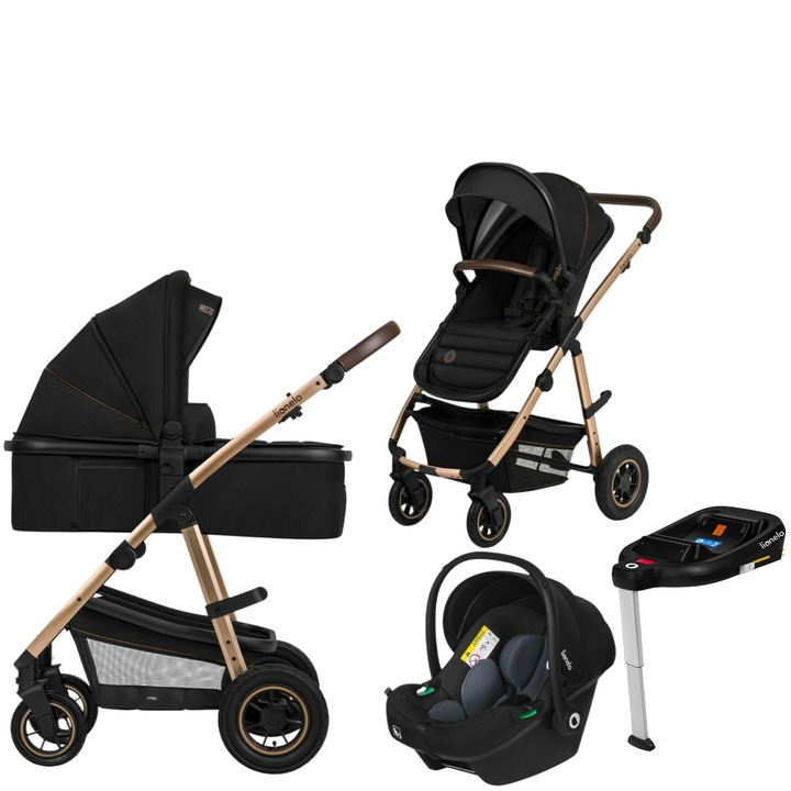 Carucior 4 in 1, Lionelo, Amber, Cu landou intarit si salteluta moale, Cu scoica auto testata ADAC, Baza isofix pentru scoica, Reversibil, Cu accesorii, Pana la 22 kg, EN1888-1 EN1888-2 EN1466 ECE R129, Negru onyx