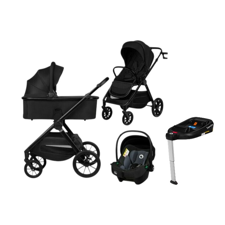 Carucior 4 in 1, Lionelo, Layla, Pana la 22 kg, Cu landou intarit si salteluta din spuma AirDots, Cu scoica auto testata ADAC, Baza isofix pentru scoica, Reversibil, Cu ventilatie 3D, Cu accesorii, EN1888-1, EN1888-2, EN1466, Negru