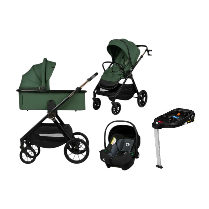 Carucior 4 in 1, Lionelo, Layla, Pana la 22 kg, Cu landou intarit si salteluta din spuma AirDots, Cu scoica auto testata ADAC, Baza isofix pentru scoica, Reversibil, Cu ventilatie 3D, Cu accesorii, EN1888-1, EN1888-2, EN1466, Verde