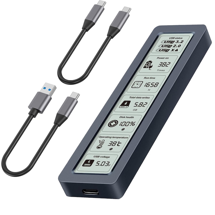 Външен SSD M.2 NVMe/NGFF корпус, скорост 10Gbps, USB-C интерфейс, максимален капацитет 4TB, поддържа USB 3.2 Gen 2 интерфейс, материал от алуминиева сплав, с LCD екран, поддържа двупротоколни M.2 PCIe NVMe и SATA NGFF SSD, Plug & Play, черен