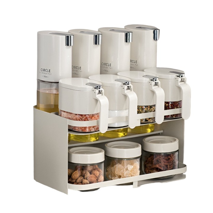 Suport pentru Depozitare Condimente Cyrax, Ulei, Otet, Montare pe Perete din 12 Piese, Uz Casnic, pentru Bucatarie Alb, 31 x 21.9 x 31.5cm
