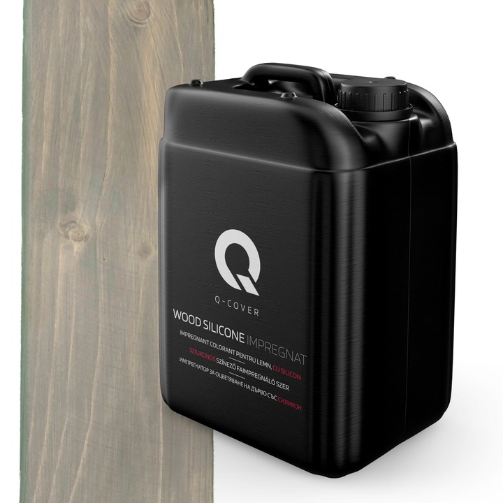Impregnant colorant pentru lemn, cu silicon, Q-Cover, Gri inchis, pentru interior si exterior, pe baza de apa, prietenos cu mediul, usor de aplicat, foarte eficient, rezistent la murdarie, culori durabile, rezistente la UV, 10L