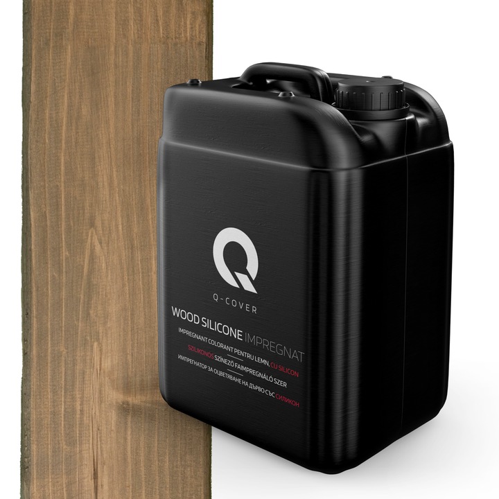 Impregnant colorant pentru lemn, cu silicon, Q-Cover, Maro cu tenta de gri, pentru interior si exterior, pe baza de apa, prietenos cu mediul, usor de aplicat, foarte eficient, rezistent la murdarie, culori durabile, rezistente la UV, 10L