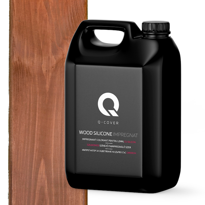 Impregnant colorant pentru lemn, cu silicon, Q-Cover, Nuc, pentru interior si exterior, pe baza de apa, prietenos cu mediul, usor de aplicat, foarte eficient, rezistent la murdarie, culori durabile, rezistente la UV, 5L