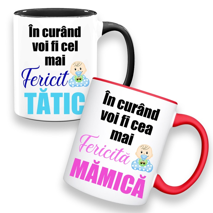 Set 2 cani personalizate cu mesaj:"In curand voi fi cea mai fericita mamica", Betaprint, Model rosu-negru, 330ml