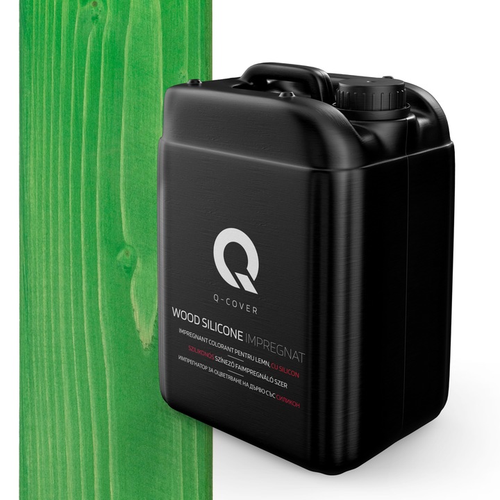 Impregnant colorant pentru lemn, cu silicon, Q-Cover, Verde, pentru interior si exterior, pe baza de apa, prietenos cu mediul, usor de aplicat, foarte eficient, rezistent la murdarie, culori durabile, rezistente la UV, 10L